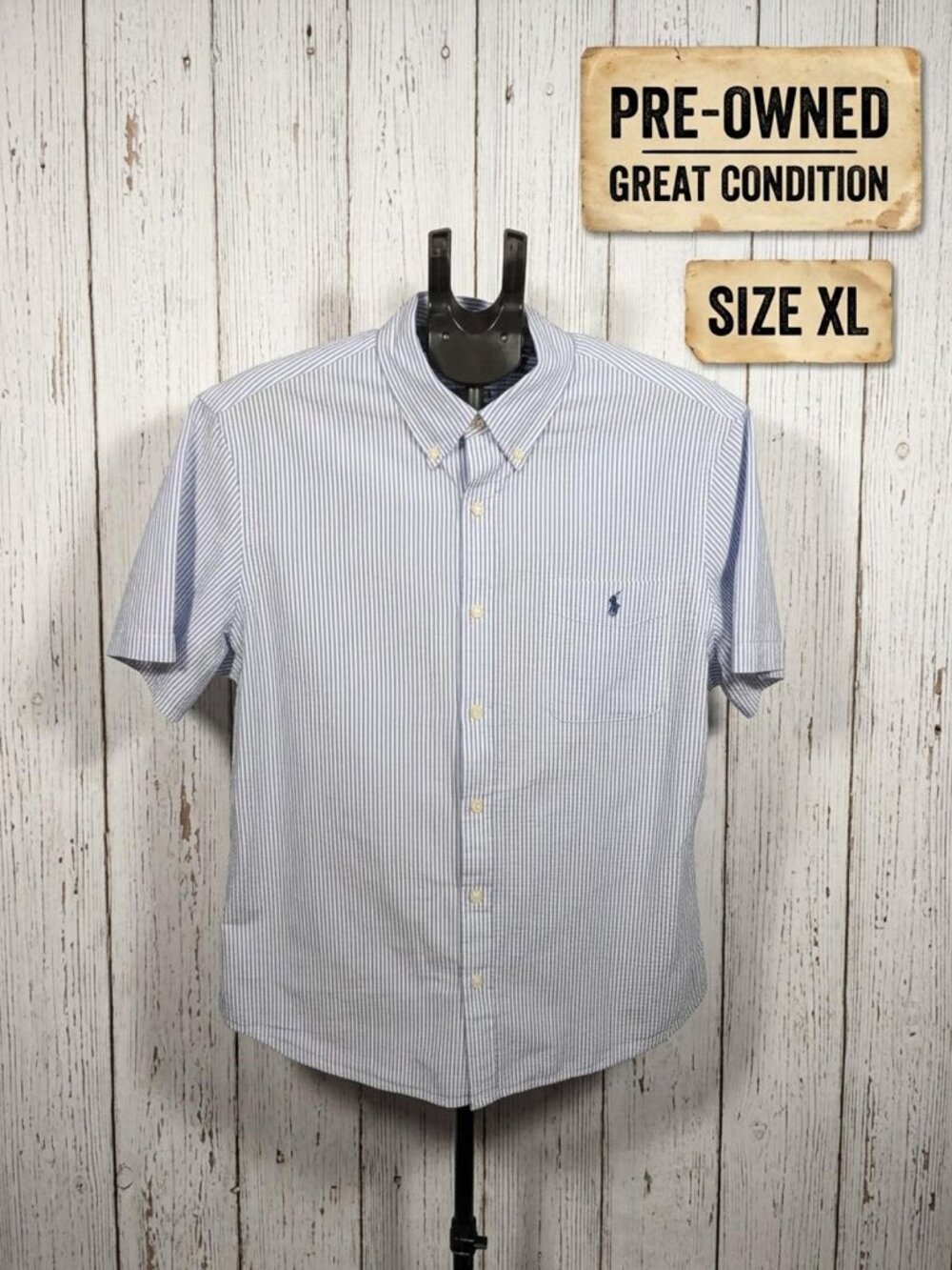 Ralph Lauren Short Sleeve Blue/White Striped Button-Down Shirt Size XL